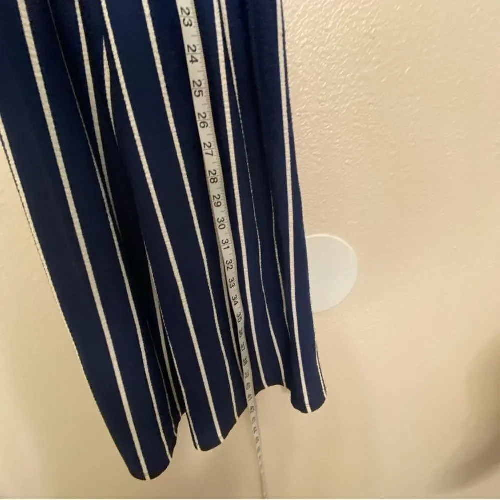 Navy blue puff sleeve wide leg smocked Striped stretchy Jumpsuit Romper 10-12